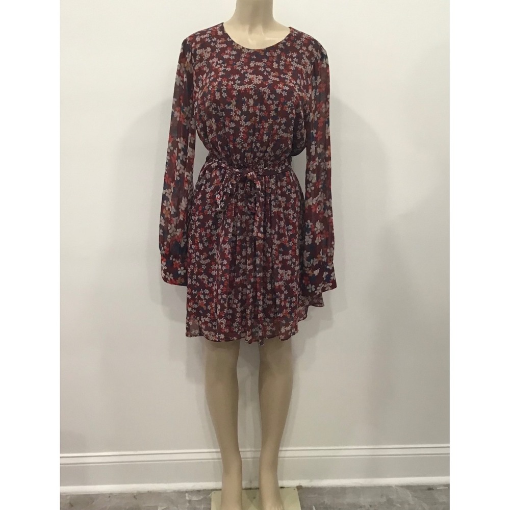 Jason WU Collective Dress Womens Size 14 Burgundy Floral Chiffon Long Sleeve